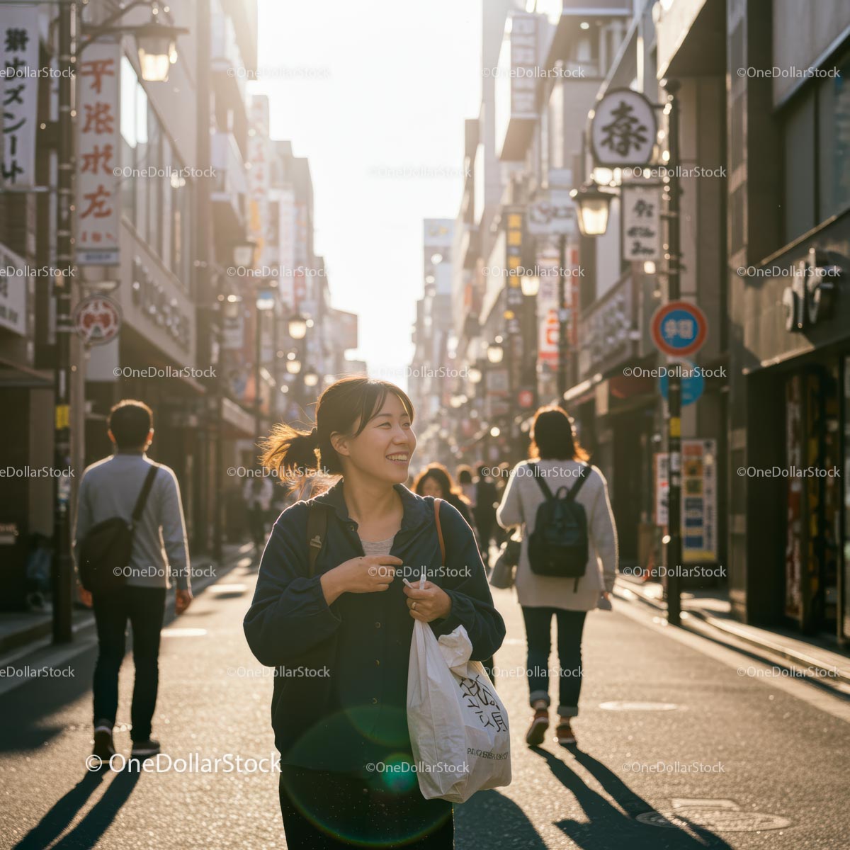 Smiling Woman Walking in Bustling Urban Street