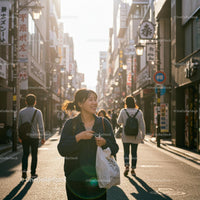 Smiling Woman Walking in Bustling Urban Street