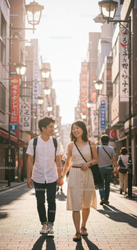Couple Walking in Sunlit Japanese City Street