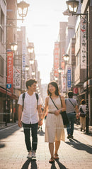 Couple Strolling Under Lush Green Canopy With Umbrella