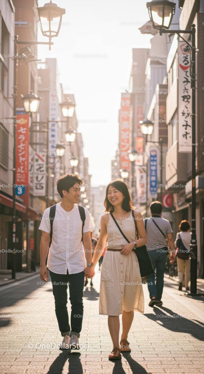 Couple Strolling Under Lush Green Canopy With Umbrella