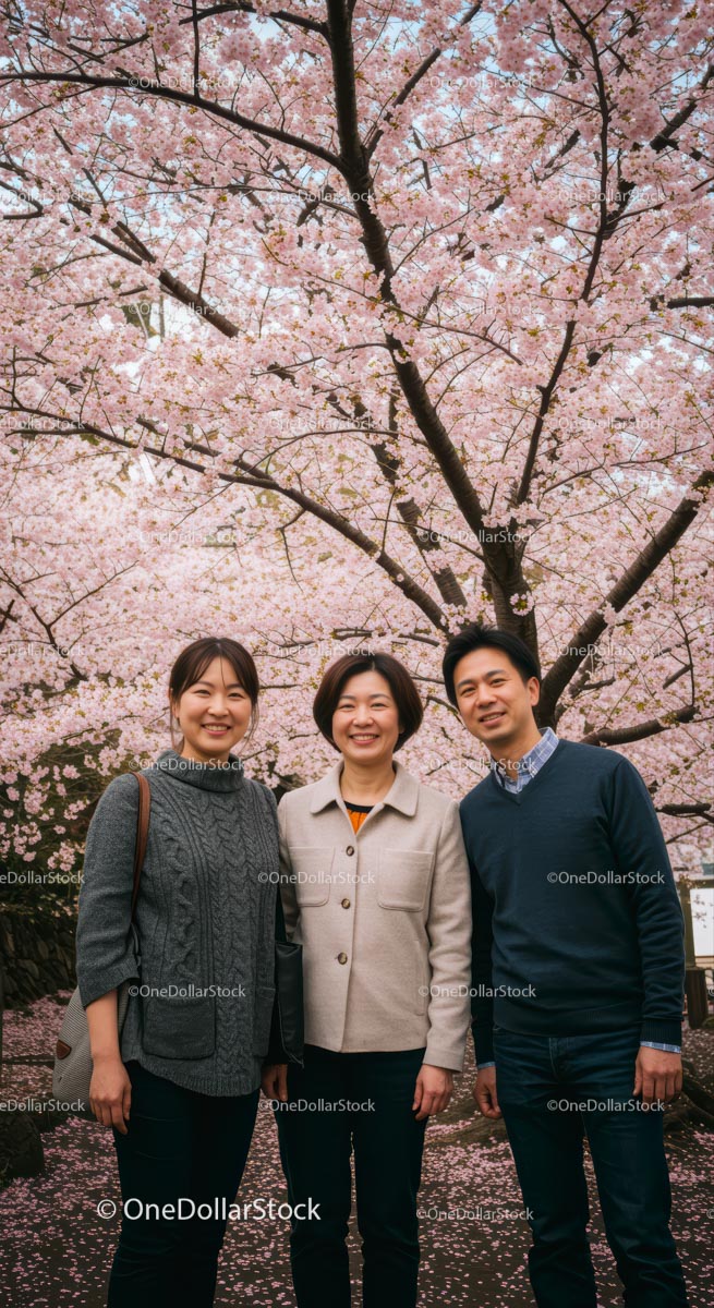 Smiling Friends Amidst Cherry Blossoms in Full Bloom
