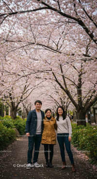 Friends Smiling Beneath Blooming Cherry Blossoms