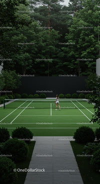 Woman Playing Tennis on a Green Court Surrounded by Trees