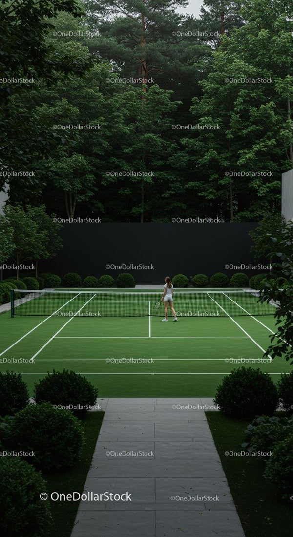 Woman Playing Tennis on a Green Court Surrounded by Trees