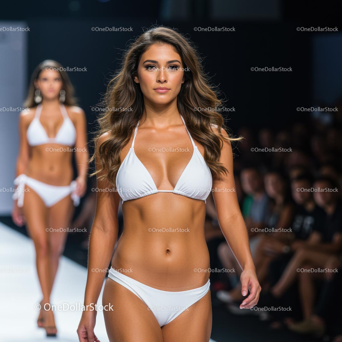 Glamorous Models in White Bikinis on Fashion Runway