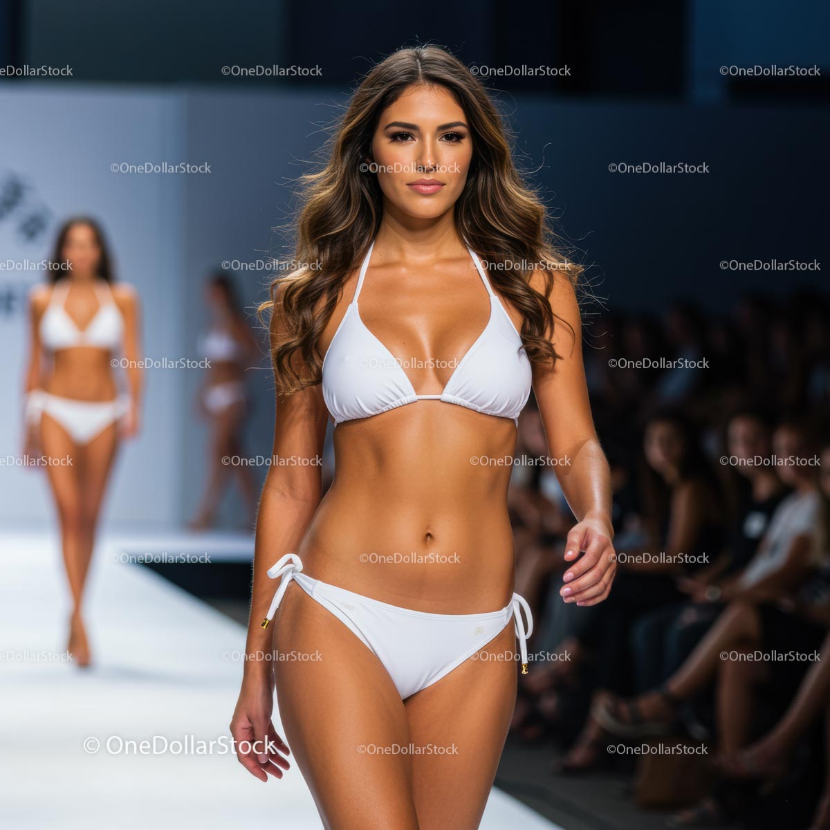 Glamorous Runway Model in White Bikini Fashion