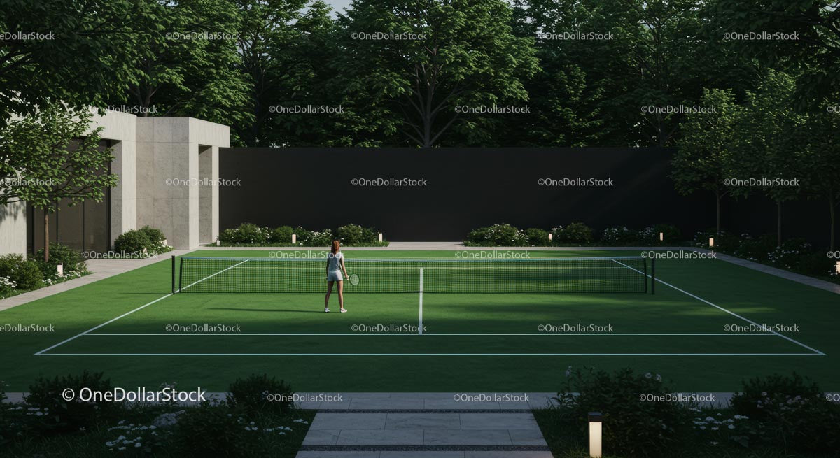 Woman Playing Tennis on Modern Outdoor Court with Greenery