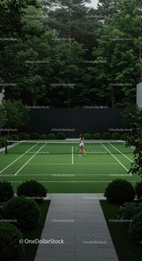 Tennis Court with Lush Greenery and Forest Backdrop