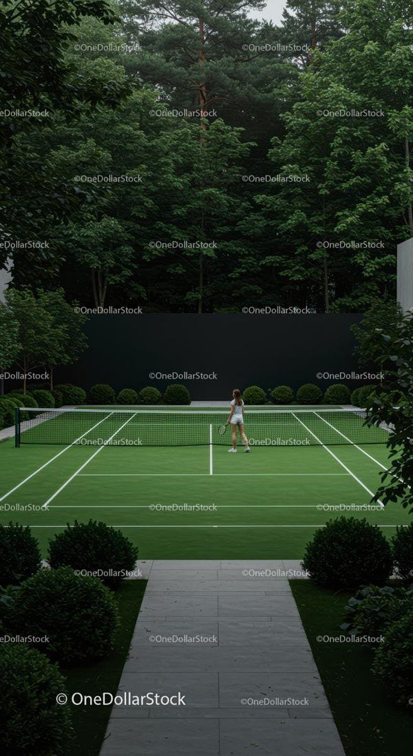 Tennis Court with Lush Greenery and Forest Backdrop