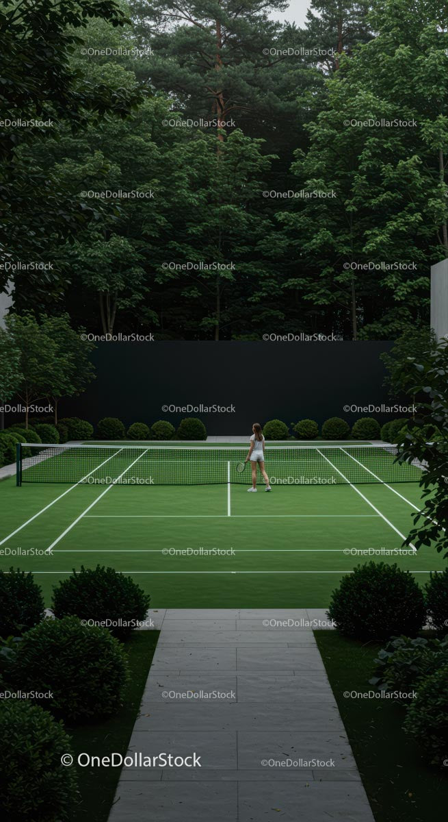 Tennis Court with Lush Greenery and Forest Backdrop