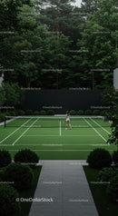 Solitary Tennis Player on Green Court with Lush Surroundings
