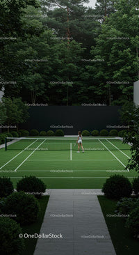 Solitary Tennis Player on Green Court with Lush Surroundings