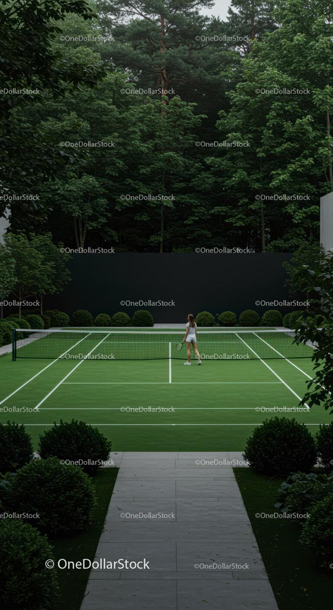 Woman Playing Tennis on Lush Green Court