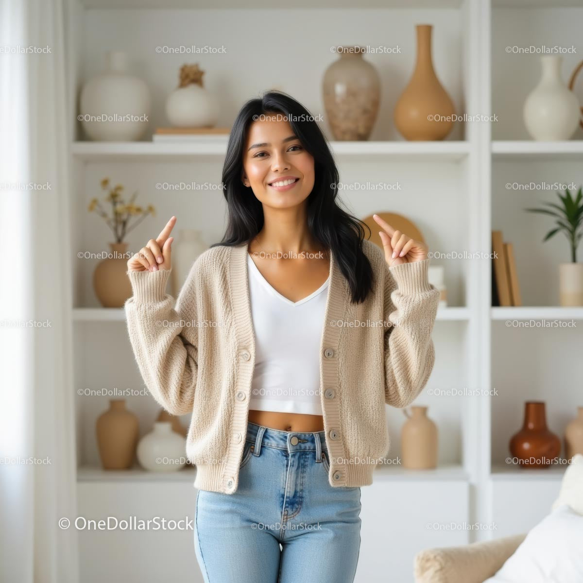Smiling Woman in Cozy Beige Cardigan at Home