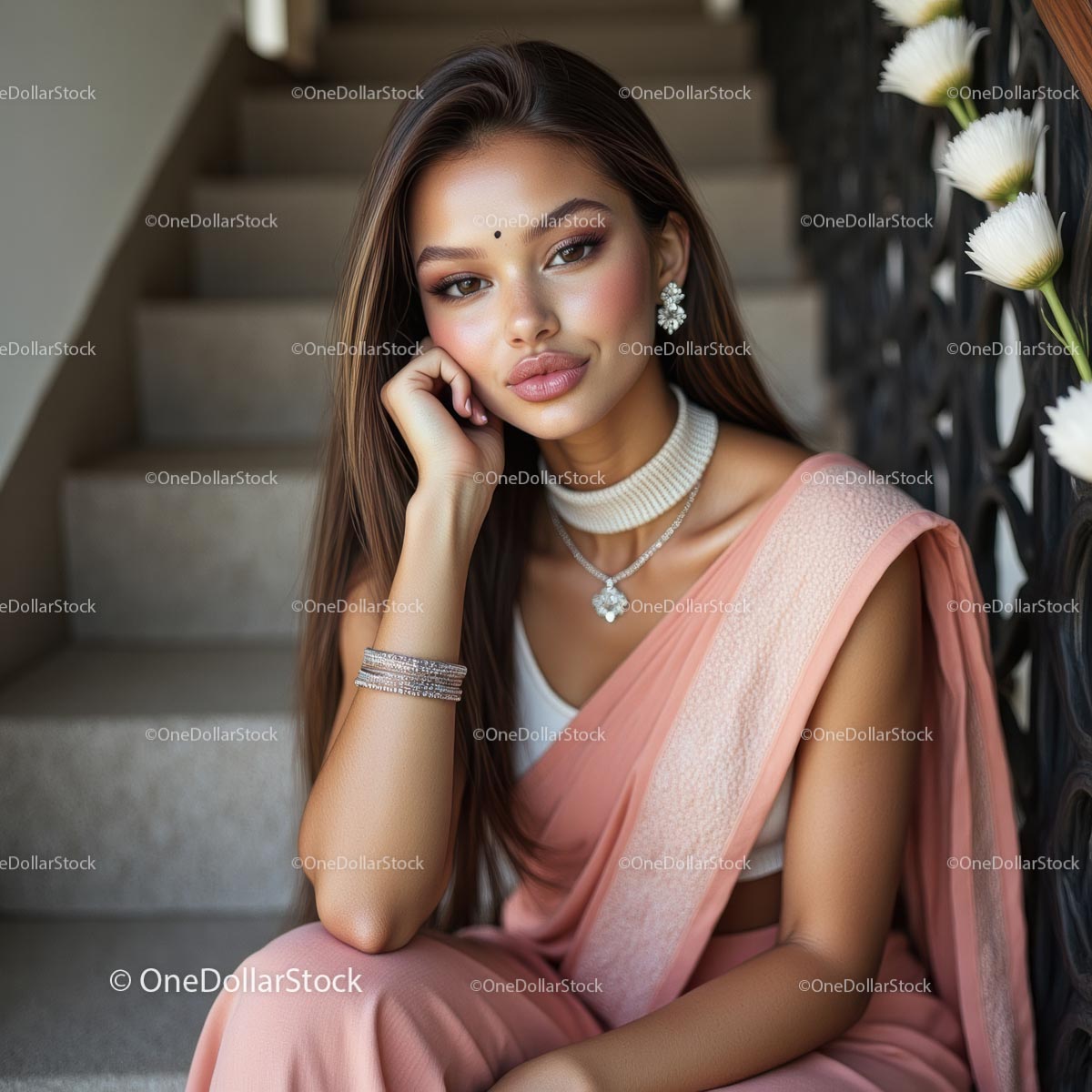 Elegant Indian Fashion Woman in Colorful Saree Portraits with Jewelry on Staircase (16 Images)
