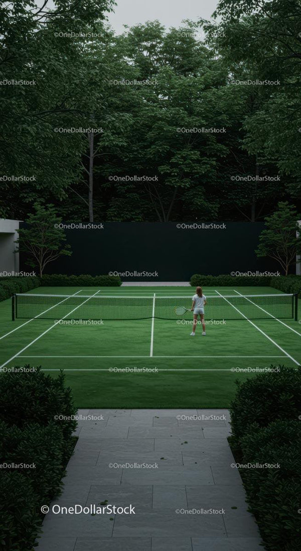 Young Girl Playing Tennis on a Lush Greenery Court