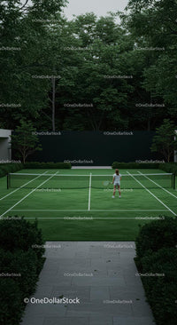 Solitary Tennis Player on Green Court with Lush Surroundings