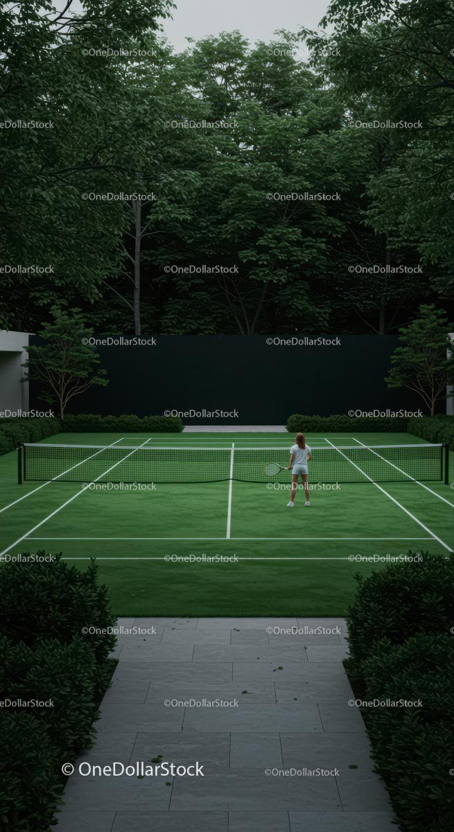 Solitary Tennis Player on Green Court with Lush Surroundings