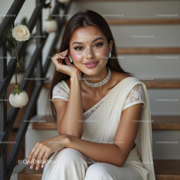 Elegant Woman in Traditional White Attire on Stairs
