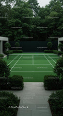 Modern Tennis Court Surrounded by Lush Greenery
