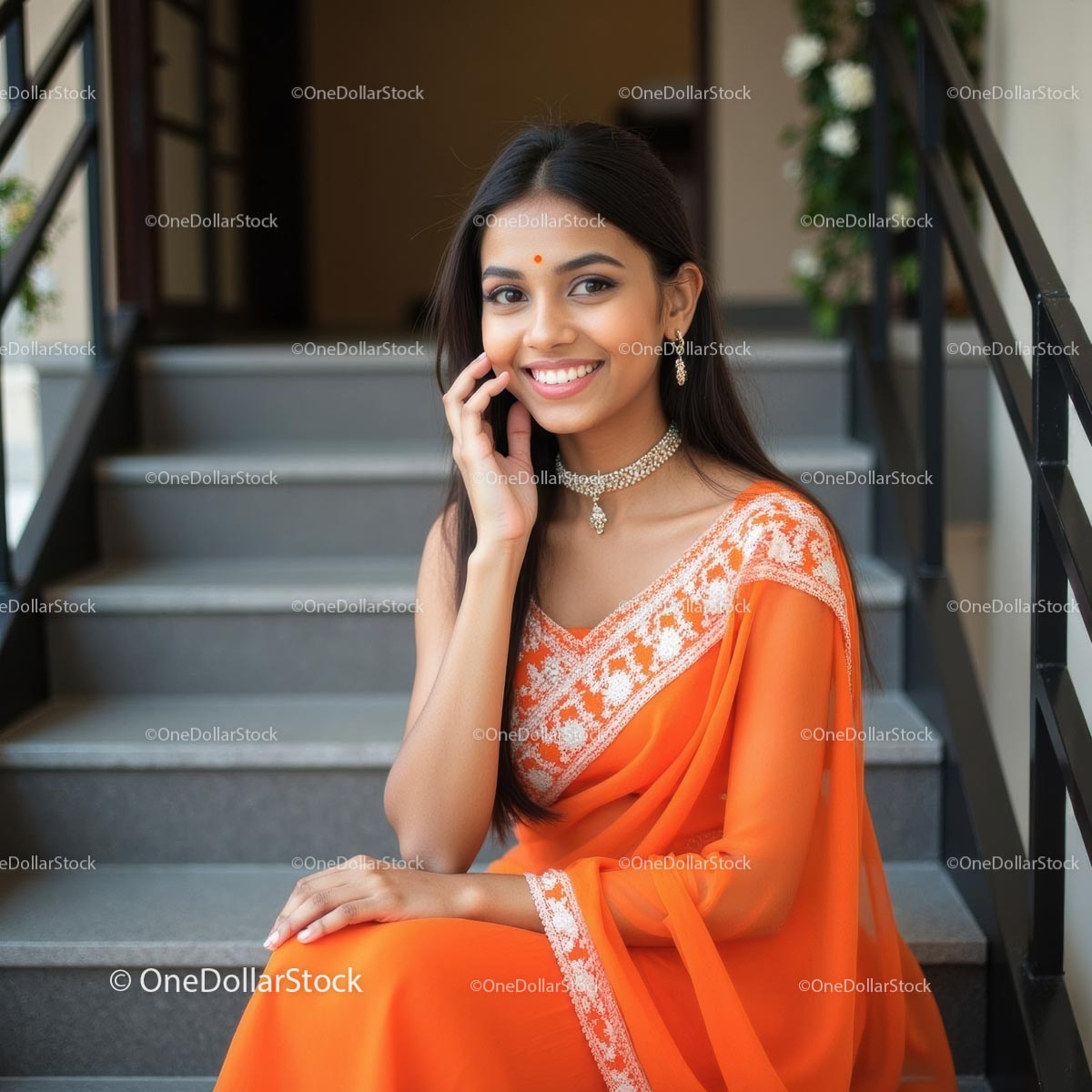 Smiling Woman in Orange Saree on Stairs
