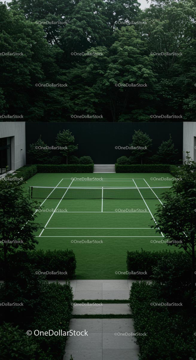 Outdoor Tennis Court Surrounded by Lush Greenery