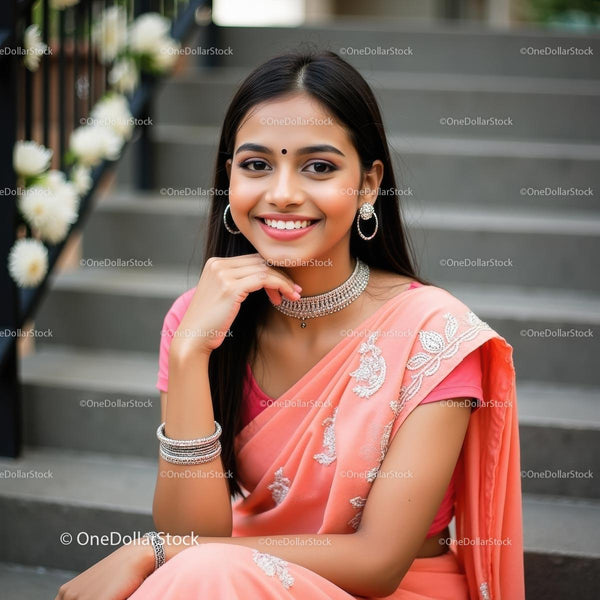 Smiling Woman in Elegant Peach Sari with Jewelry