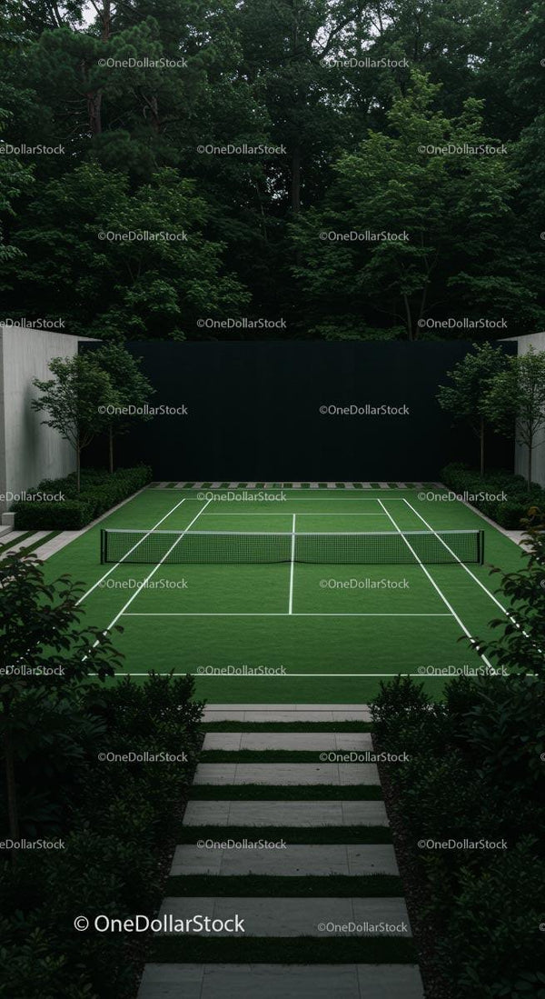 Modern Outdoor Tennis Court Surrounded by Greenery