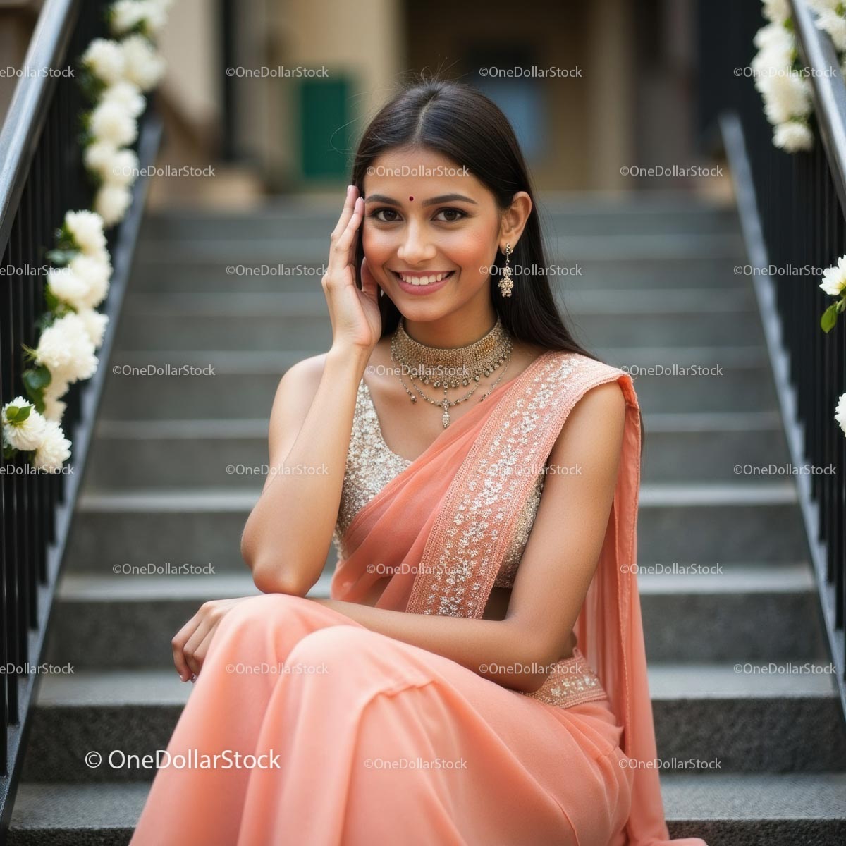 Elegant Woman in Pink Saree with Jewelry on Staircase