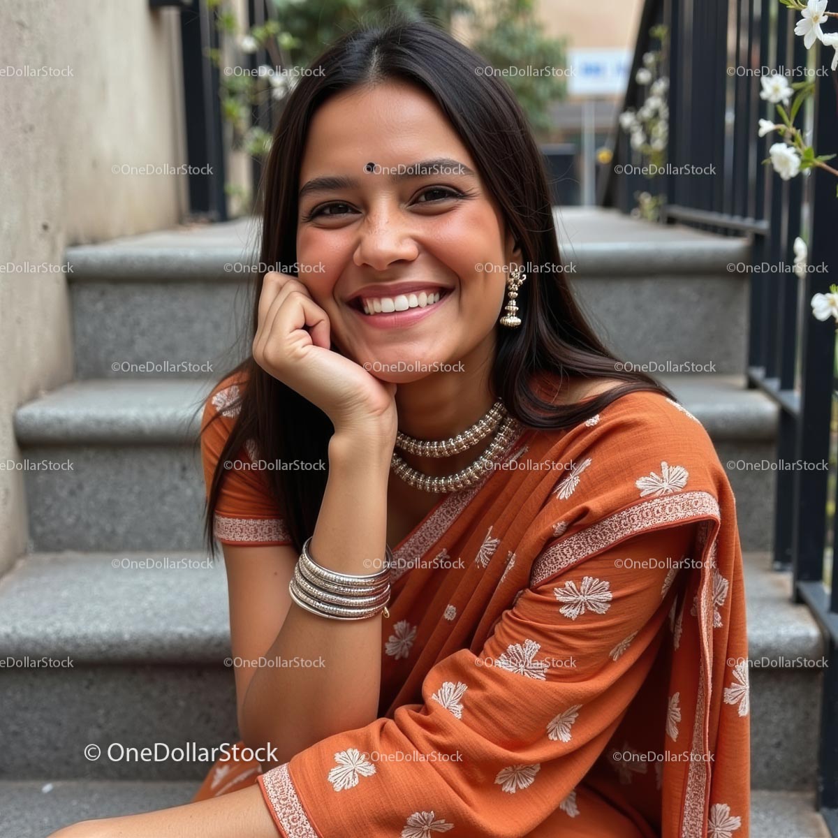 Smiling Woman in Orange Sari with Silver Jewelry on Stairs