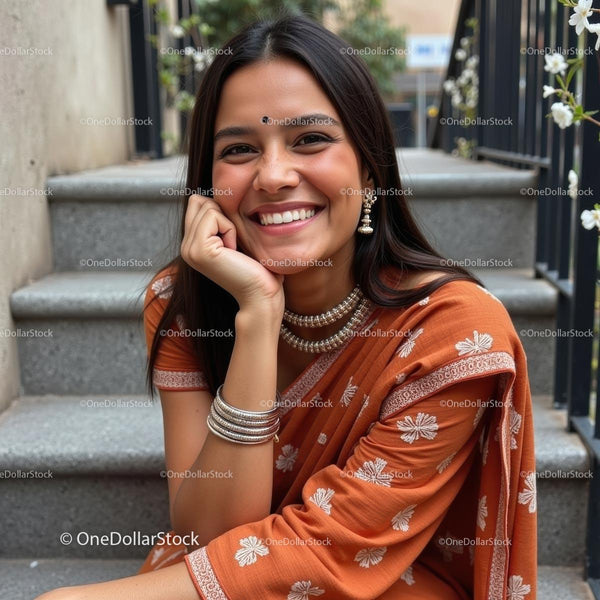 Smiling Woman in Orange Sari with Silver Jewelry on Stairs