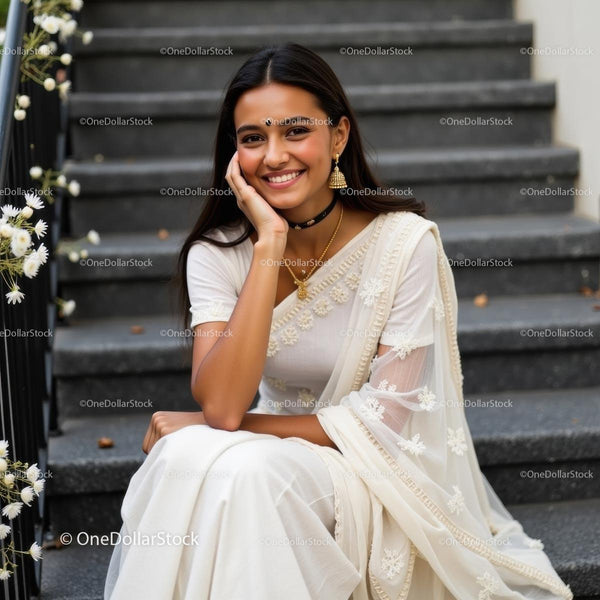 Smiling Woman in Elegant White Sari on Outdoor Steps