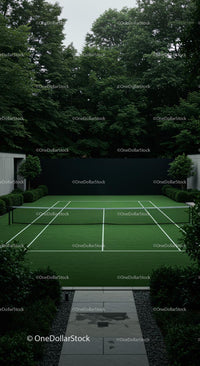 Woman Playing Tennis on Lush Green Court