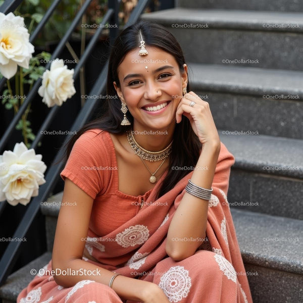 Smiling Woman in Traditional Saree on a Staircase