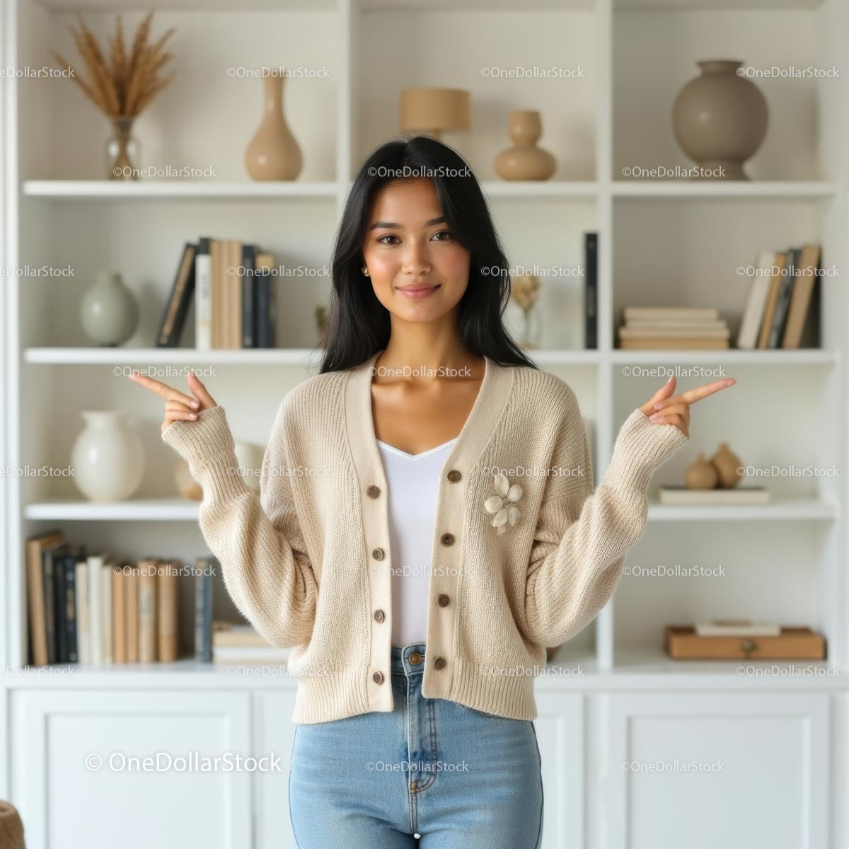 Smiling Woman in Cozy Beige Cardigan at Home