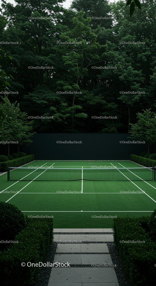 Outdoor Tennis Court Surrounded by Lush Greenery