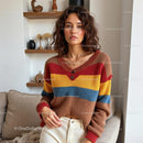 Smiling Woman in Cozy Beige Cardigan at Home