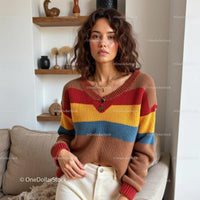 Smiling Woman in Cozy Beige Cardigan at Home