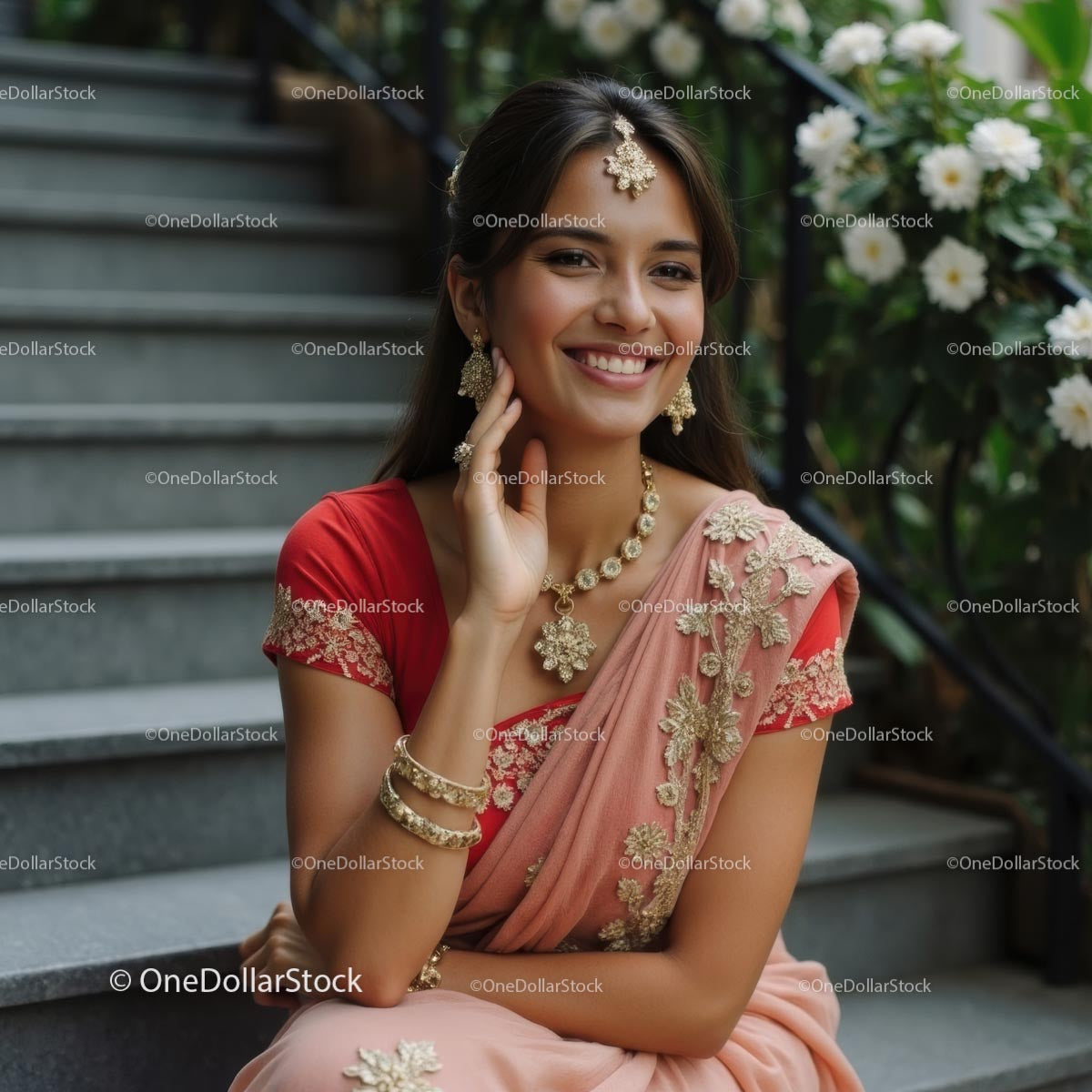 Elegant Woman in Pink Saree with Jewelry on Staircase