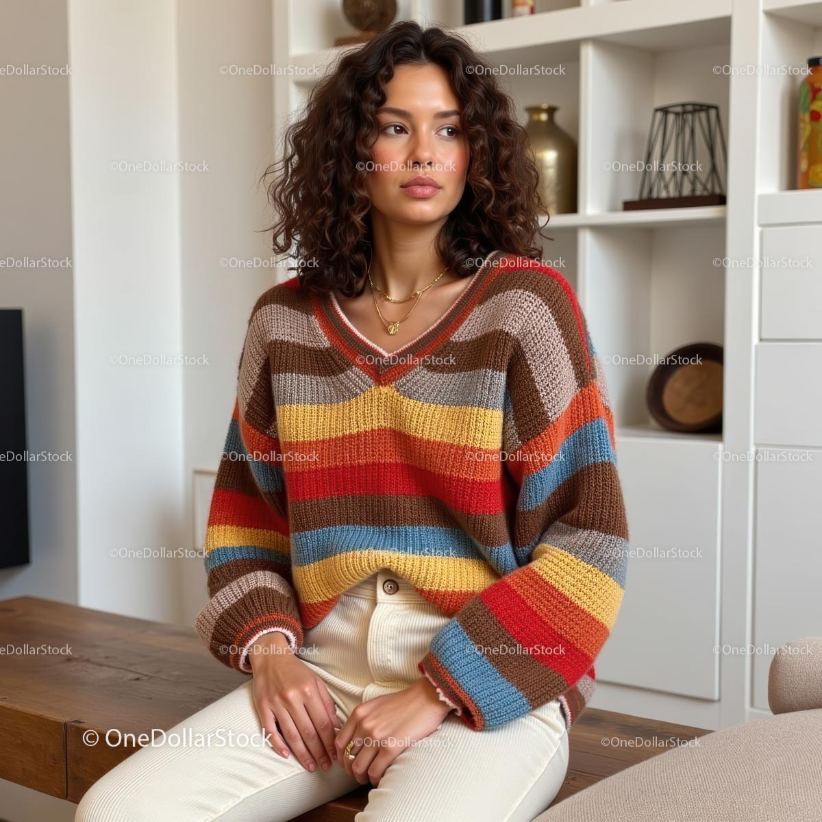 Smiling Woman in Cozy Beige Cardigan at Home
