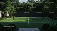 Sunny Outdoor Tennis Court Surrounded by Lush Trees