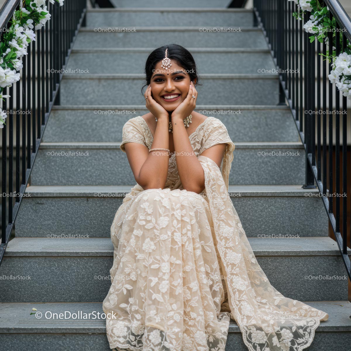 Smiling Woman in Elegant Beige Sari on Stairs