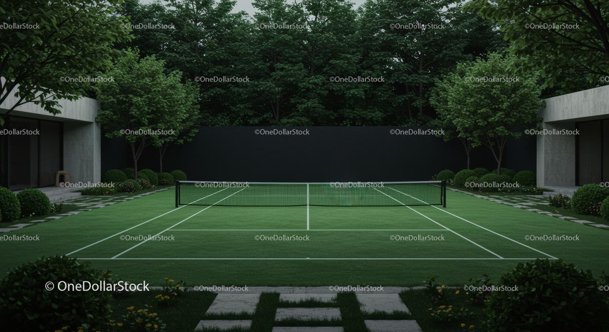 Modern Tennis Court Surrounded by Lush Green Garden