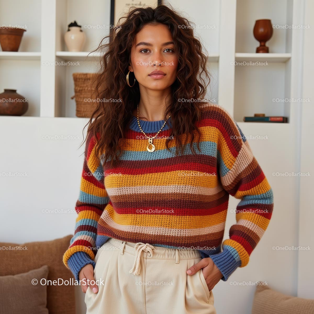 Woman in Colorful Striped Sweater in Cozy Home Setting