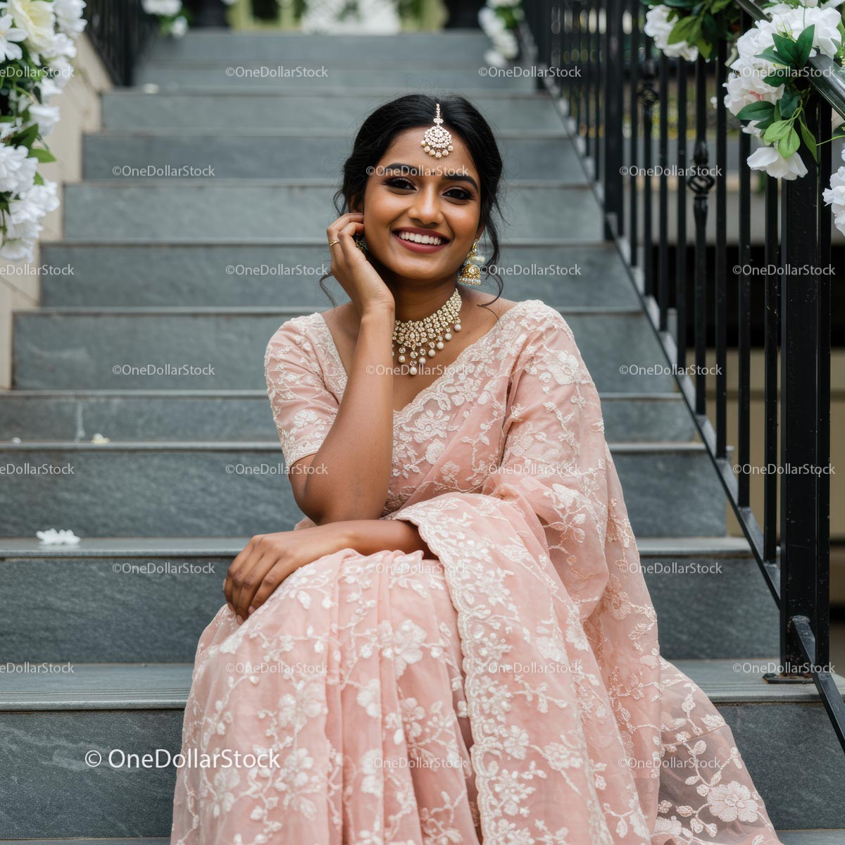 Elegant Woman in Pink Saree with Jewelry on Staircase