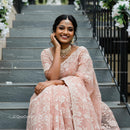Elegant Woman in Pink Saree with Jewelry on Staircase