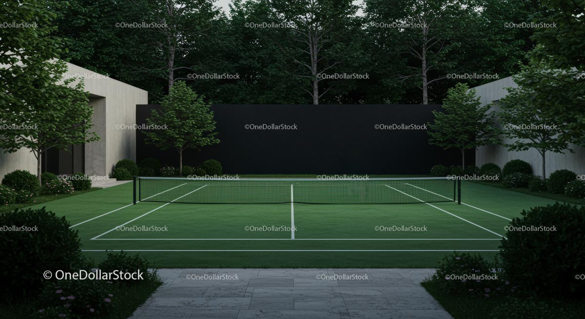 Modern Tennis Court Surrounded by Lush Greenery