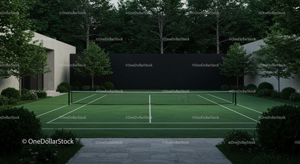 Modern Tennis Court Surrounded by Lush Greenery