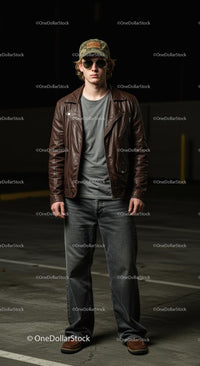Young Man in Leather Jacket and Camo Hat Outdoors